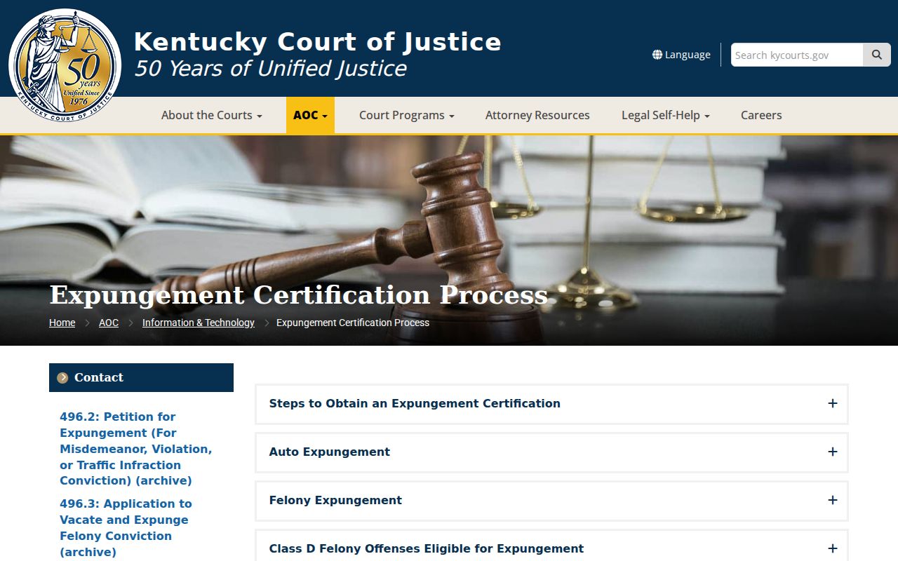 Kentucky Circuit Court Clerk certification and expungement procedures