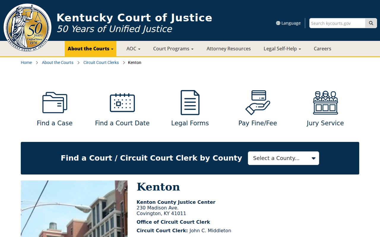 Kentucky Circuit Court Clerk representative county information page