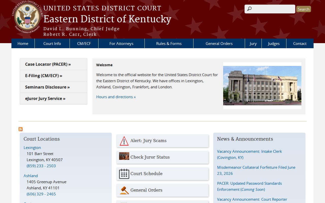 Kentucky court dockets for the Eastern District federal court