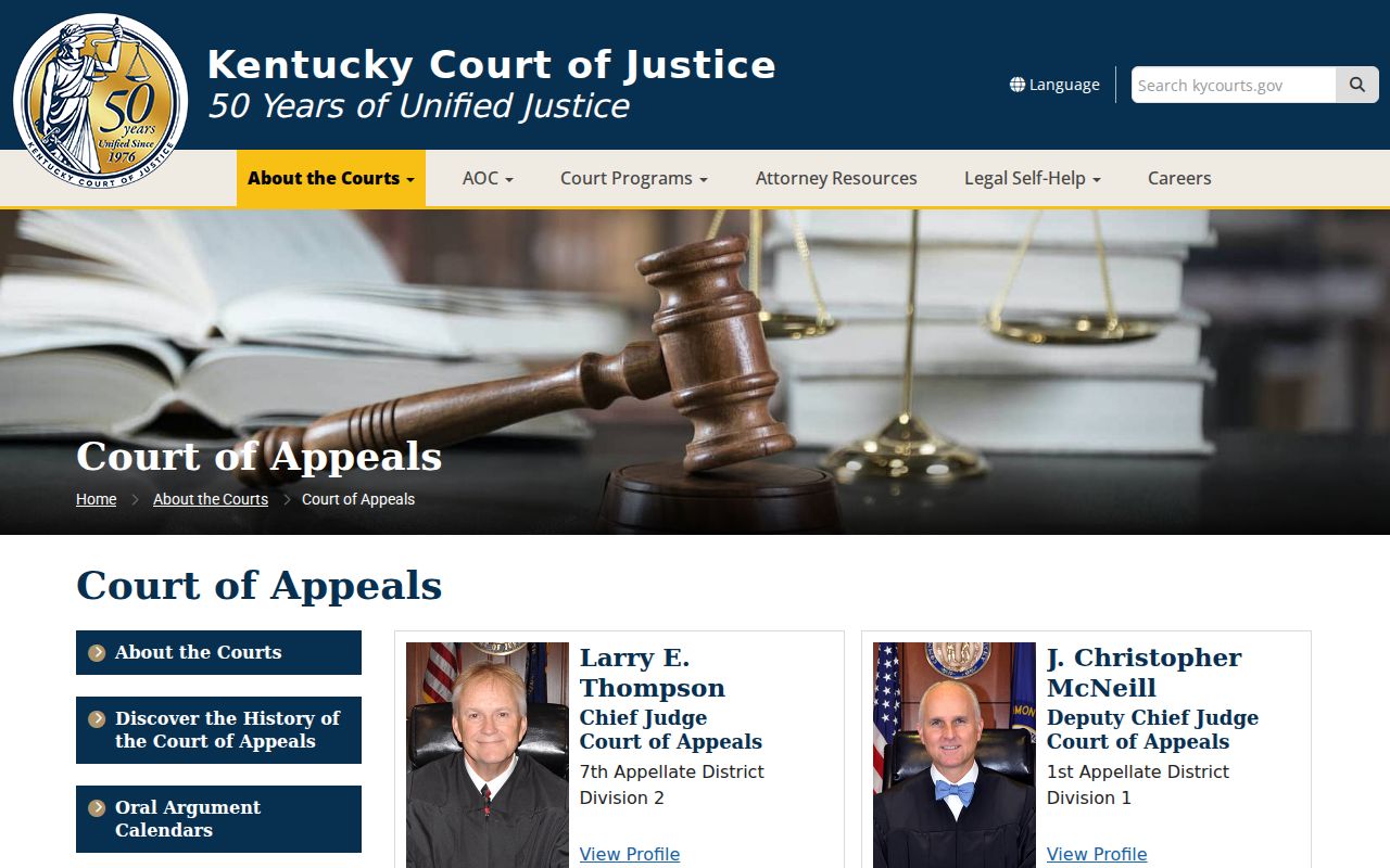 Kentucky court system Court of Appeals judges and calendars