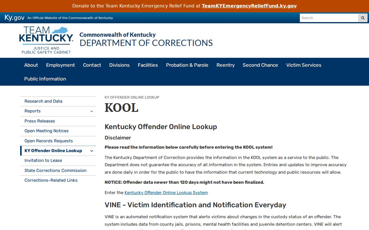 Kentucky inmate records KOOL daily update notice