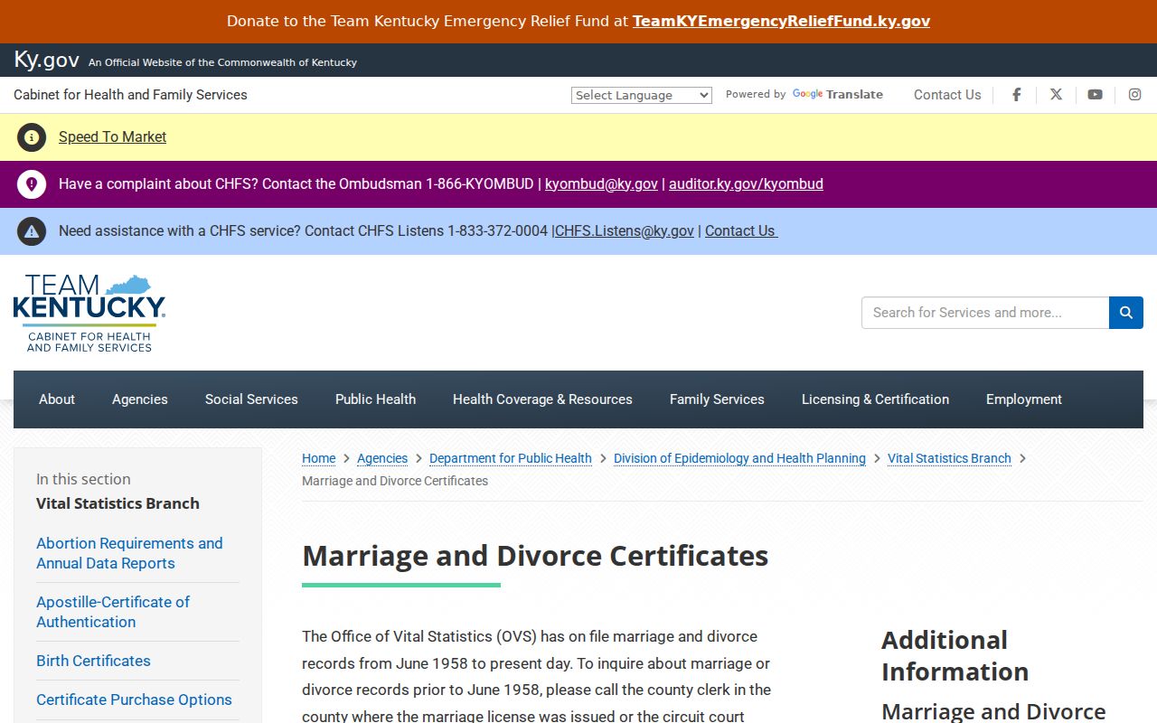 Kentucky marriage and divorce records Office of Vital Statistics page