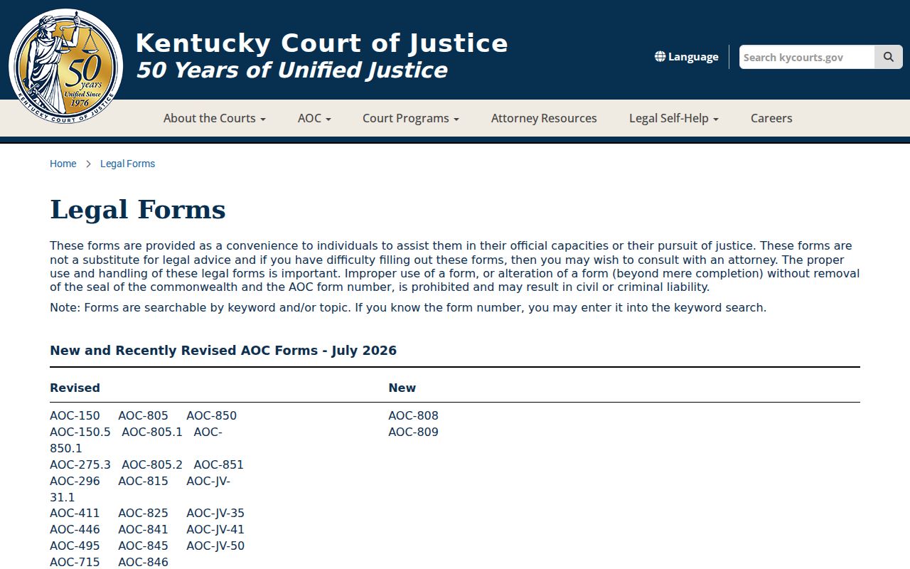 Kentucky traffic court records official AOC forms library